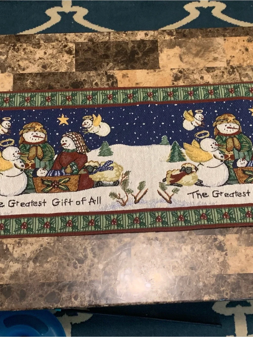 The Greatest Gift of All Snowman Nativity Tapestry Table Runner
